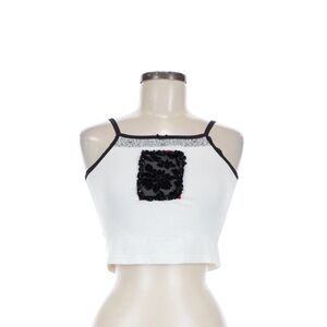 White Crop Halter Tank Top with Black Floral Patch